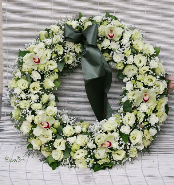 flower delivery Budapest - flwer wreath with lisy, rose, gypso and orchids (65cm)