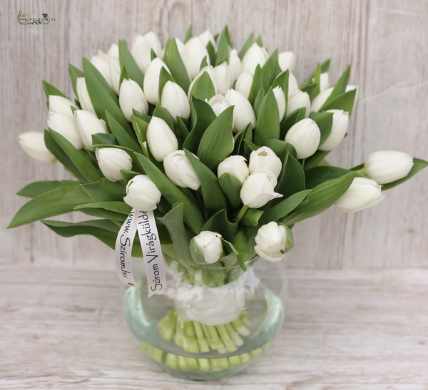 Blumenlieferung nach Budapest - 60 weiße Tulpen in einer Glaskugel