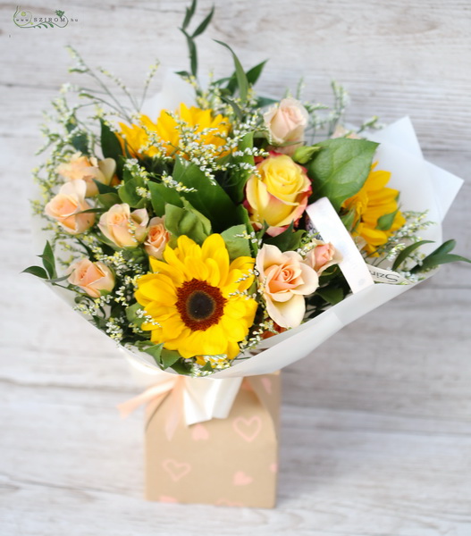 flower delivery Budapest - small hand tied with sunflowers and wild flowers in paper vase (10 stems)