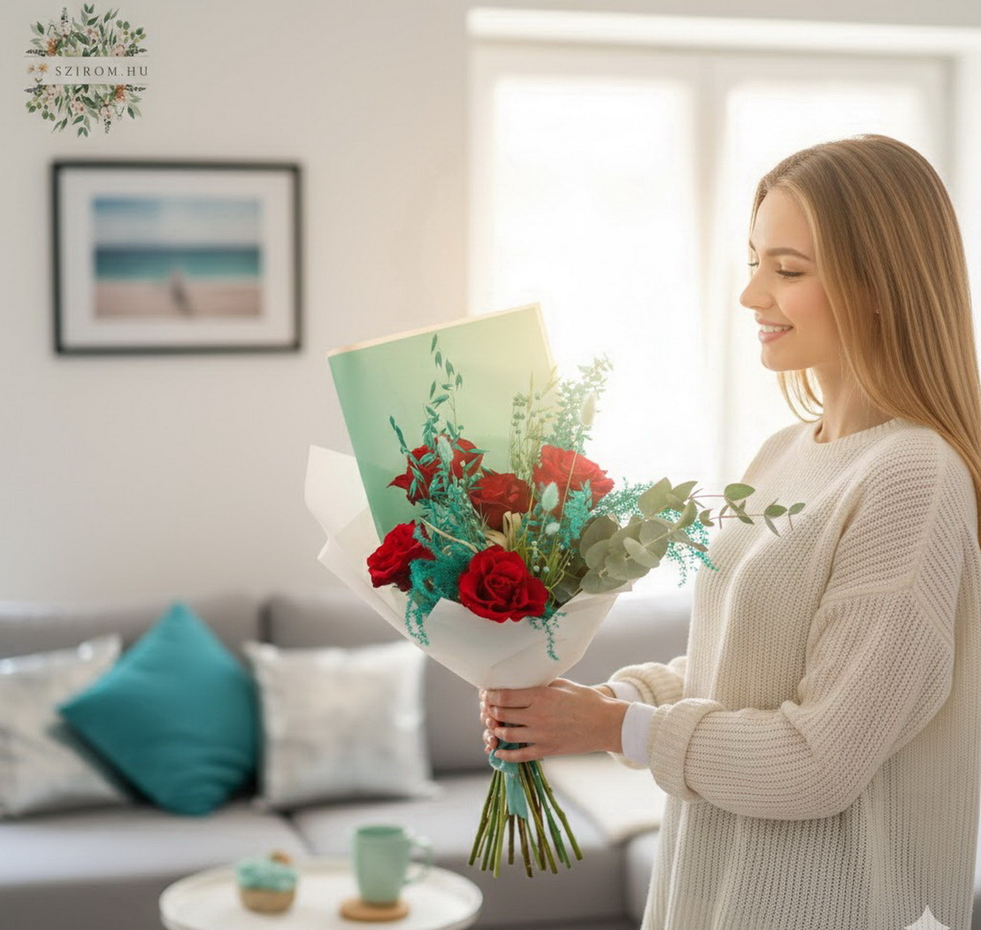 Virágküldés Budapest - Vörös rózsák türkizkék csokorban (5 szál)