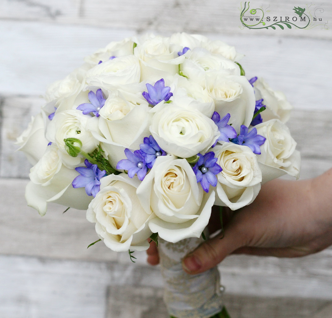 flower delivery Budapest - bridal bouquet (rose, buttercup, hyacinth, white, blue)