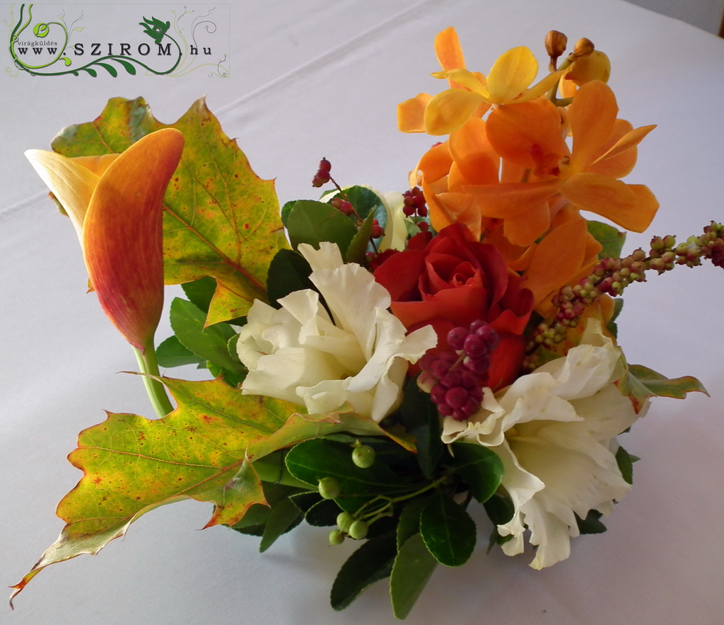 flower delivery Budapest - small orange centerpiece (mokara orchid, calla, rose, lisianthus) , wedding