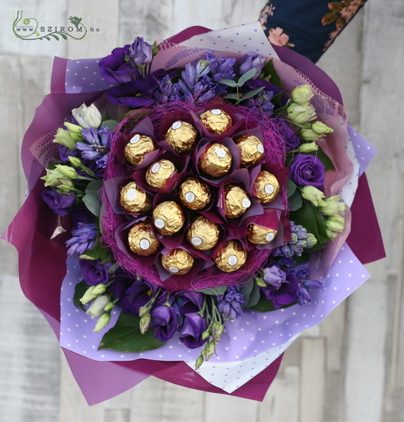 flower delivery Budapest - bouquet with ferrero chocolate and purple flowers