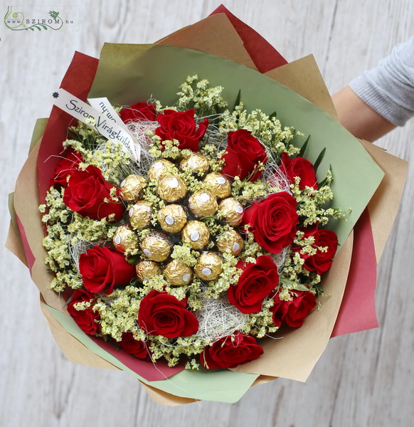 flower delivery Budapest - ferrero chocolate with 15 red roses