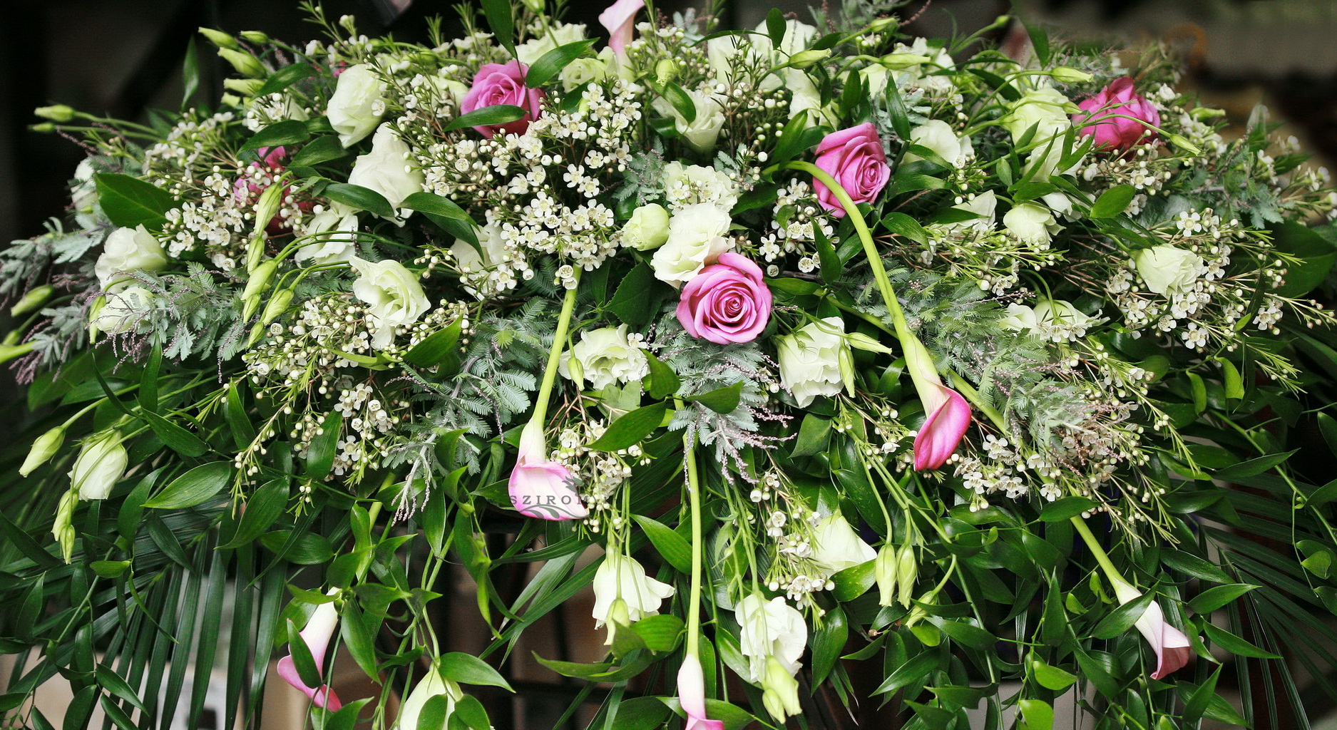flower delivery Budapest - Main table centerpiece with waxflower (purple roses, white  lisianthus, callas, wax, Mimosa leafes), wedding