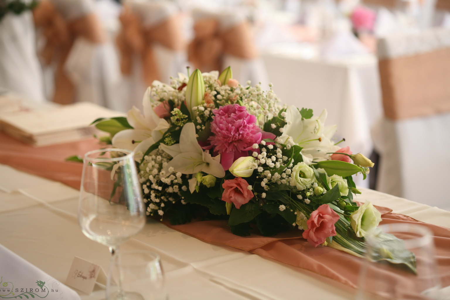 flower delivery Budapest - Main table centerpiece with pink peonies, white lilies, Hemingway Restaurant Budapest, wedding