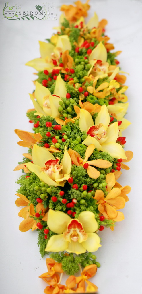 flower delivery Budapest - Main table centerpiece with orange , yellow orchids, wedding