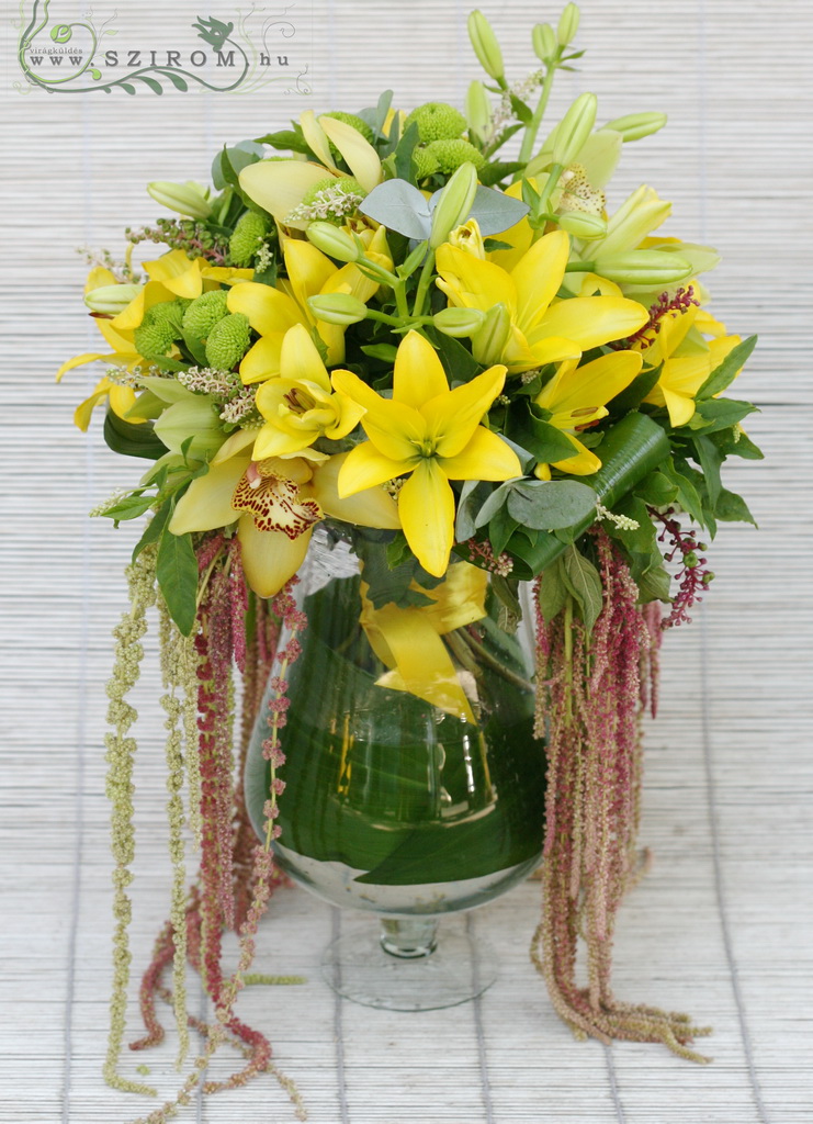 flower delivery Budapest - Main table centerpiece (aisiatic lilies, orchids, pompons, yellow), wedding