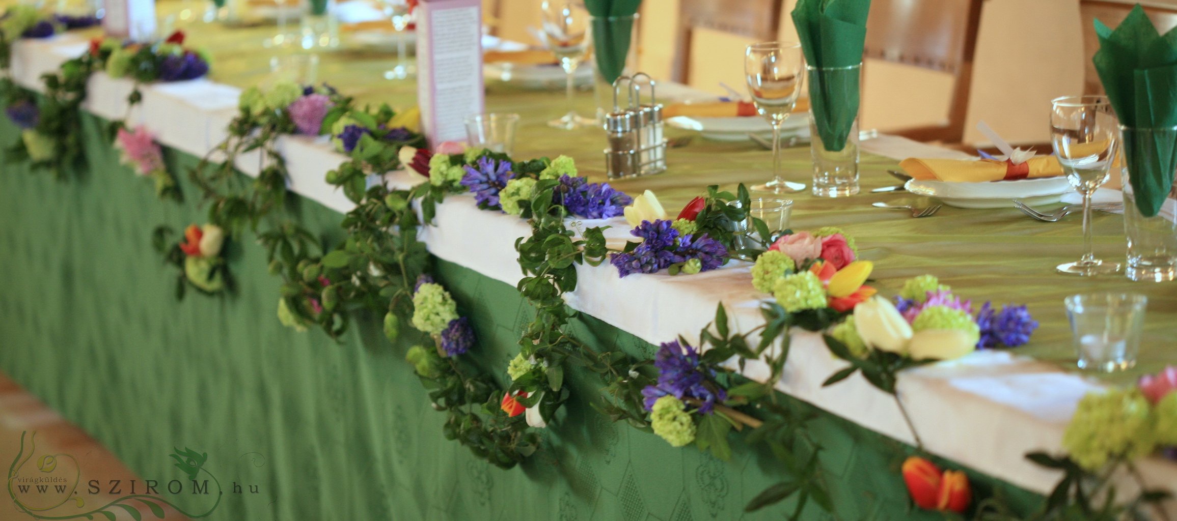 flower delivery Budapest - Main table centerpiece (passion flower, spring flowers, orange, blue) Balaton, wedding