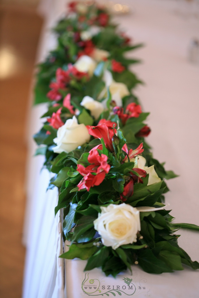 flower delivery Budapest - Main table centerpiece (roses, alstromeries, pink, white) Gellért Hotel Budapest, wedding