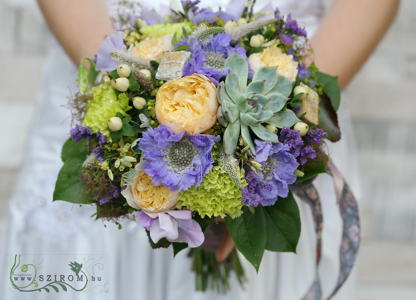 flower delivery Budapest - bridal bouquet with scabiosas, vuvuzela roses (carnation, veronica, limonium, hypericum) Blue, green, peach