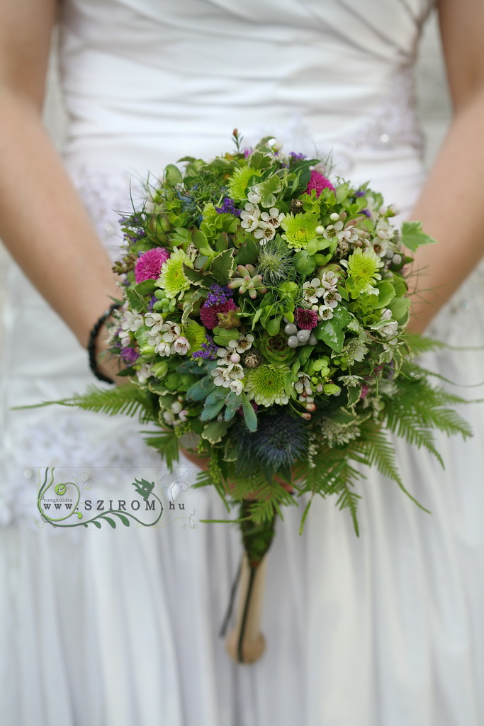 flower delivery Budapest - Bridal bouquet Woodland style (wax, santini, brunia, limonium, eryngium, green)