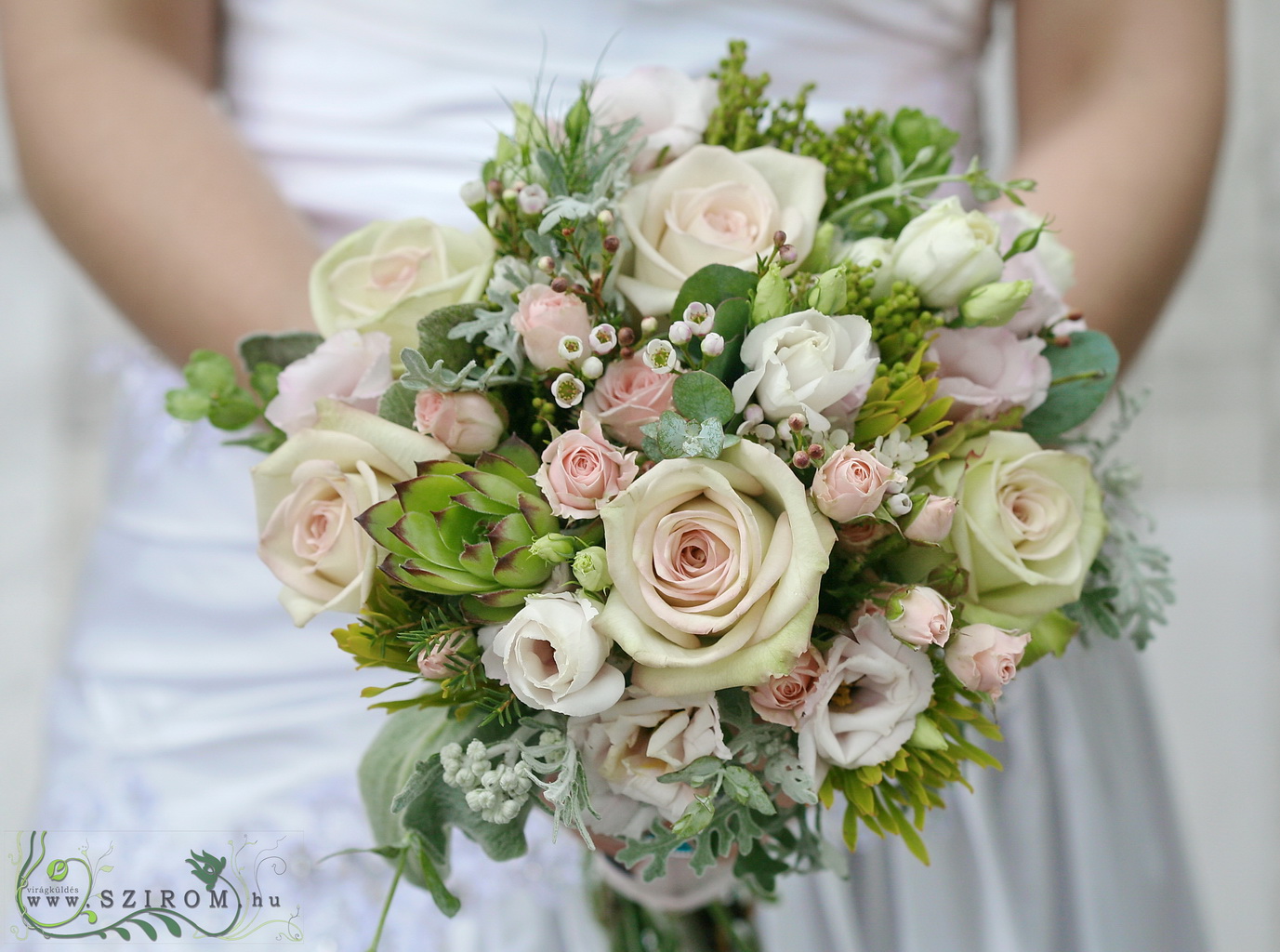 flower delivery Budapest - Bridal bouquet rustic sparkle (sempervivum, rose, bush roses, liziantus, wax) pastel pink, cream