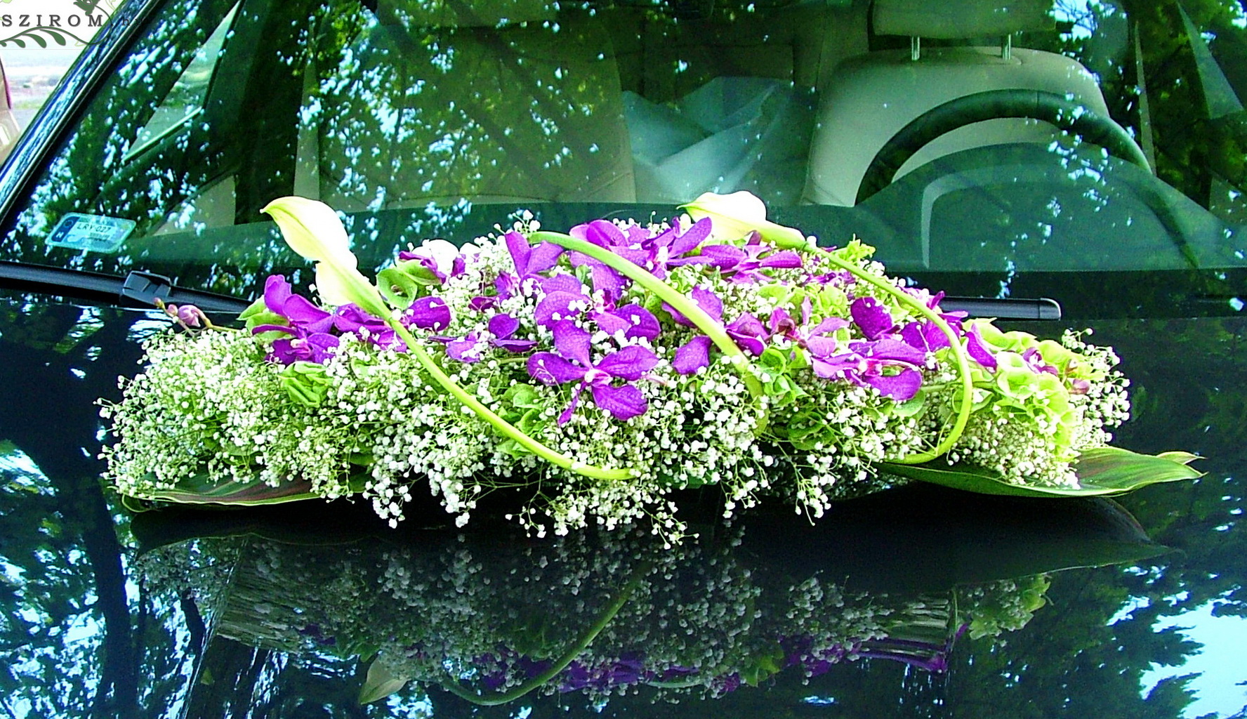 flower delivery Budapest - oval car flower arrangement with Dendrobium orchids, baby's breathe and calas (white, pink)