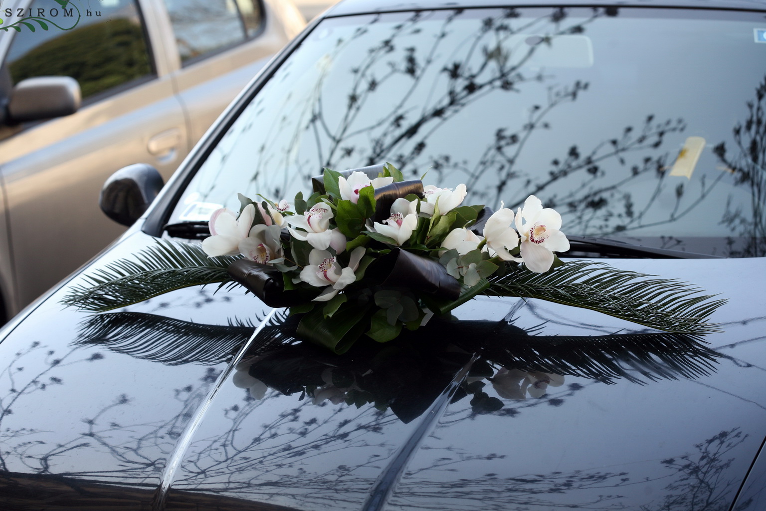flower delivery Budapest - oval car flower arrangement with orchids (white)