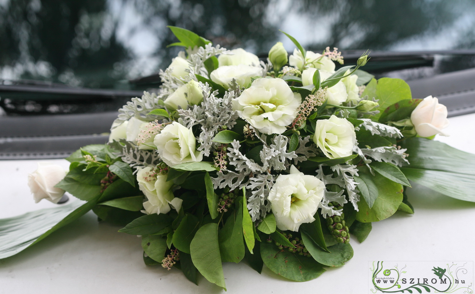 flower delivery Budapest - oval car flower arrangement with lisianthius and senecio, only in summer (white, silver)