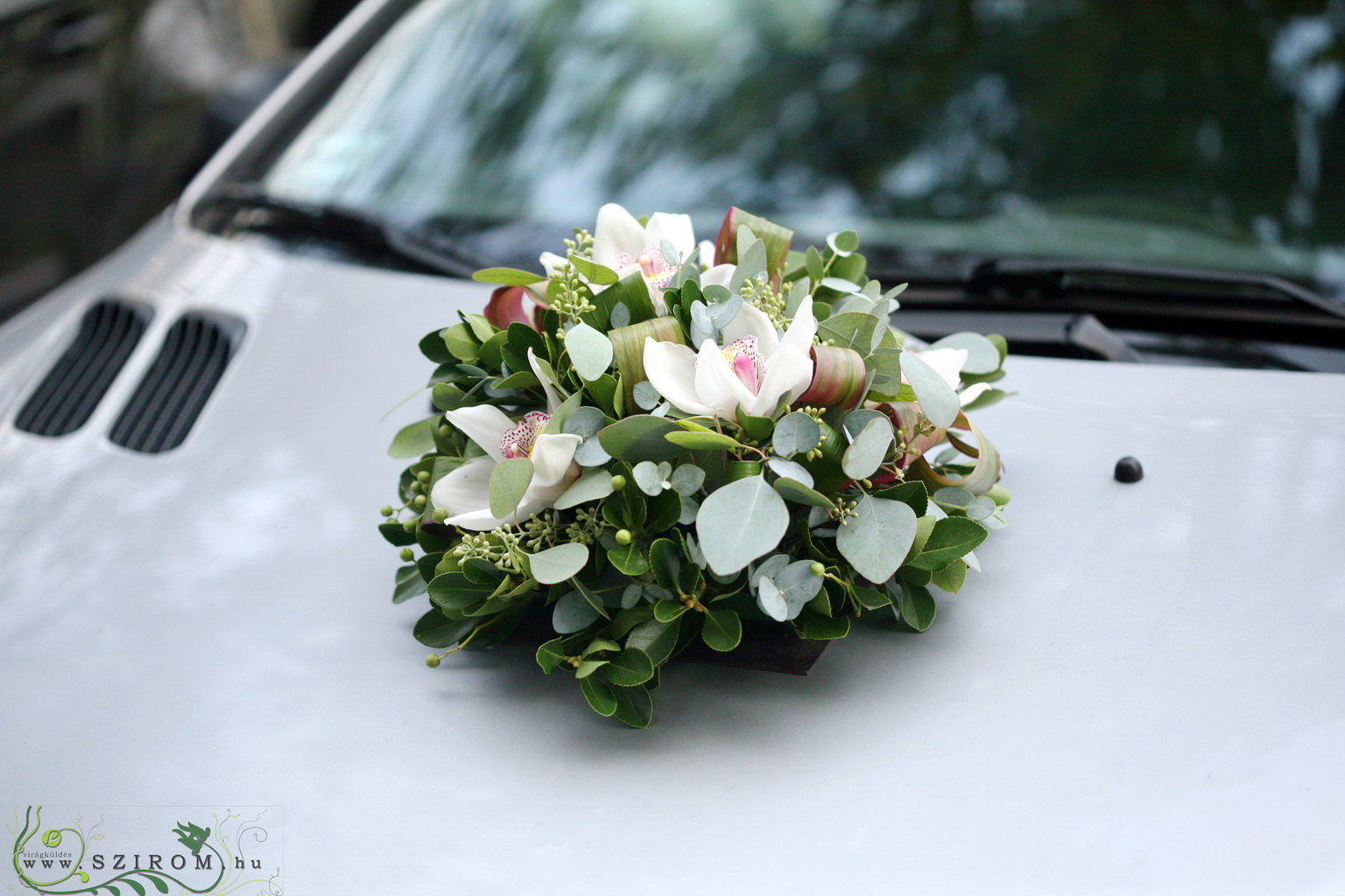 flower delivery Budapest - round car flower arrangement with orchids (white)
