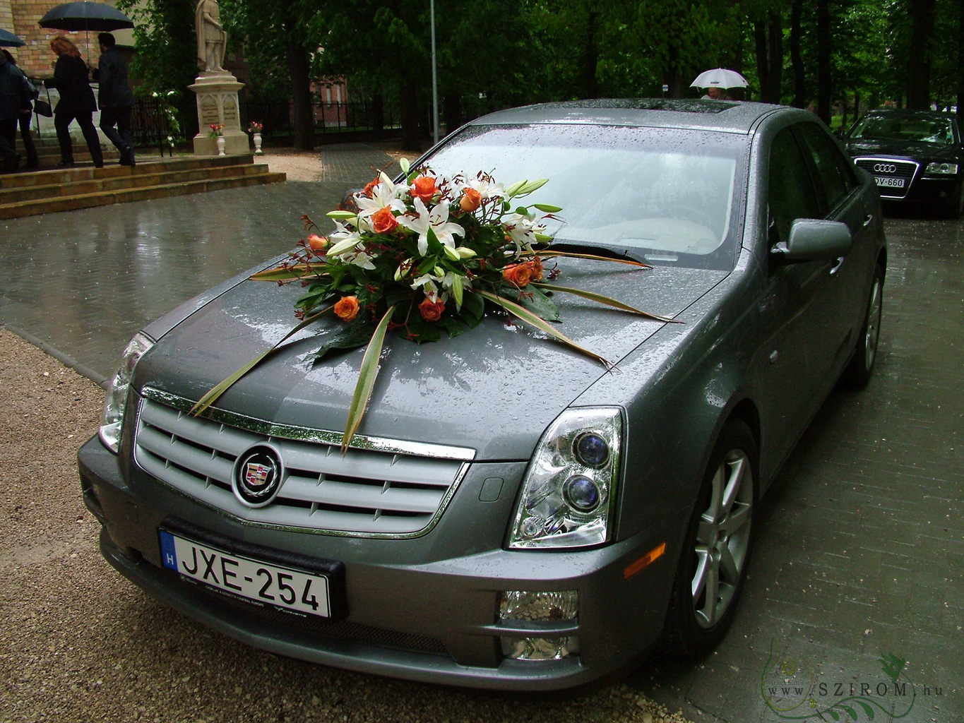 flower delivery Budapest - round car flower arrangement with roses and cangaroo paws (lily, orange, white)