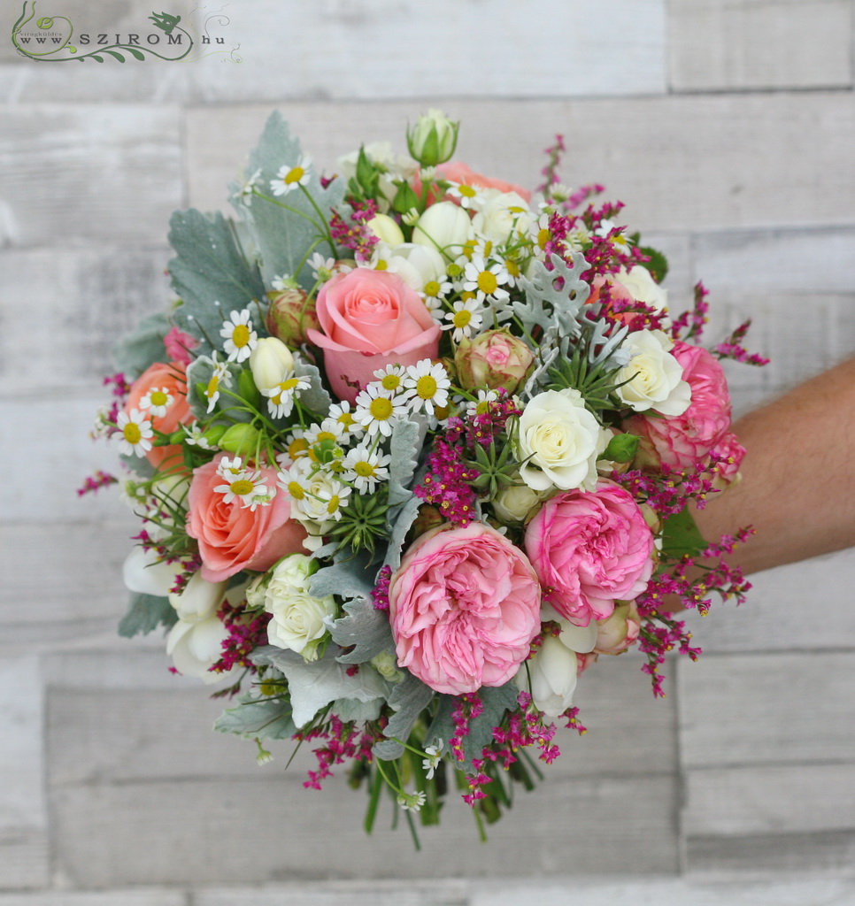 flower delivery Budapest - Bridal bouquet with meadow flowers ( Rose, English Rose, Kamilla, Limonium, pink,peach)