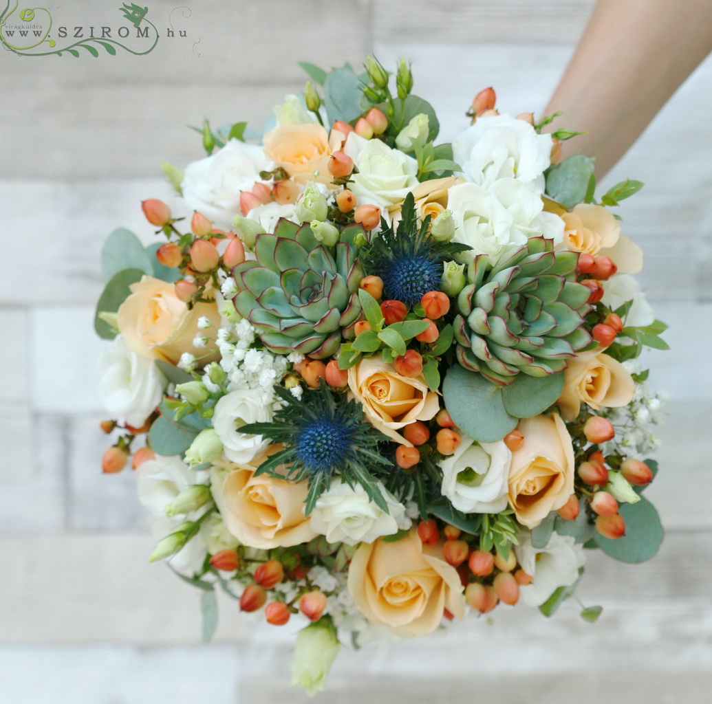 flower delivery Budapest - Bridal bouquet with succulents (Iringo, succulents, hypericum, liziantus, gypsophila, rose, white, peach, orange)