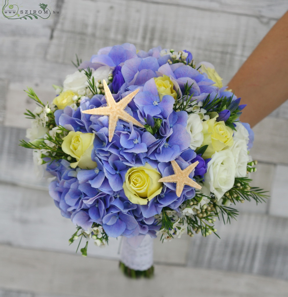 flower delivery Budapest - Bridal bouquet with hortensis, starfish (hydrangea, rose, lisianthus, wax, blue, white, pastel yellow)