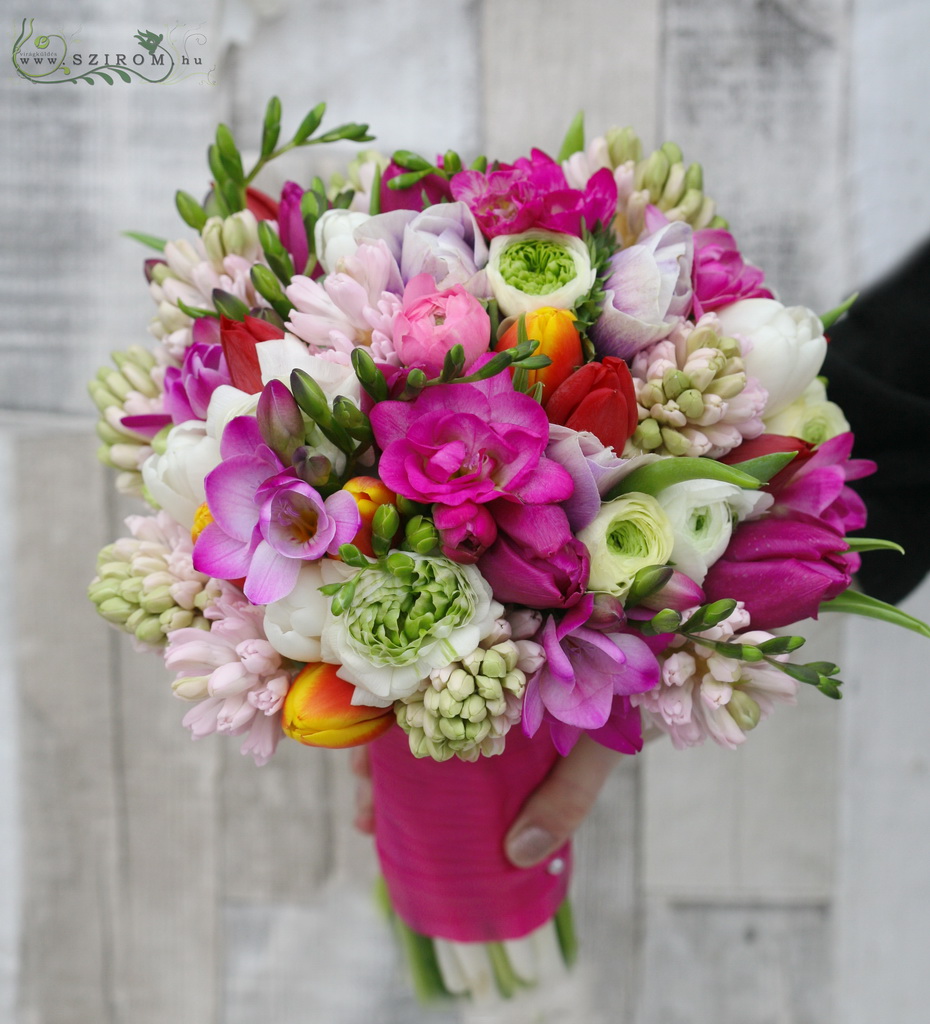 flower delivery Budapest - Bridal bouquet with colorful spring flowers (frézia, hyacinth, bouquet, tulip, pink, orange, white)