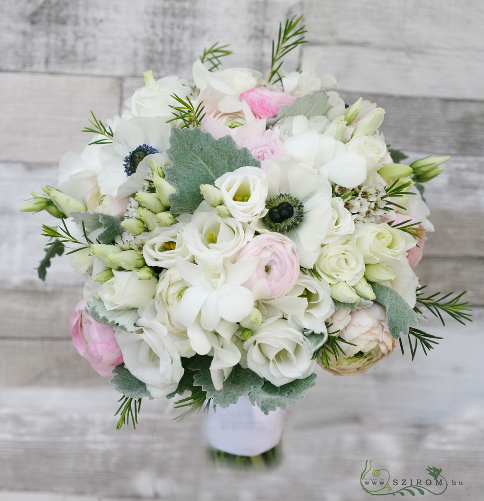 flower delivery Budapest - Bridal bouquet with dendrobium, lisianthus, anemone, ranunculus (white, pink)