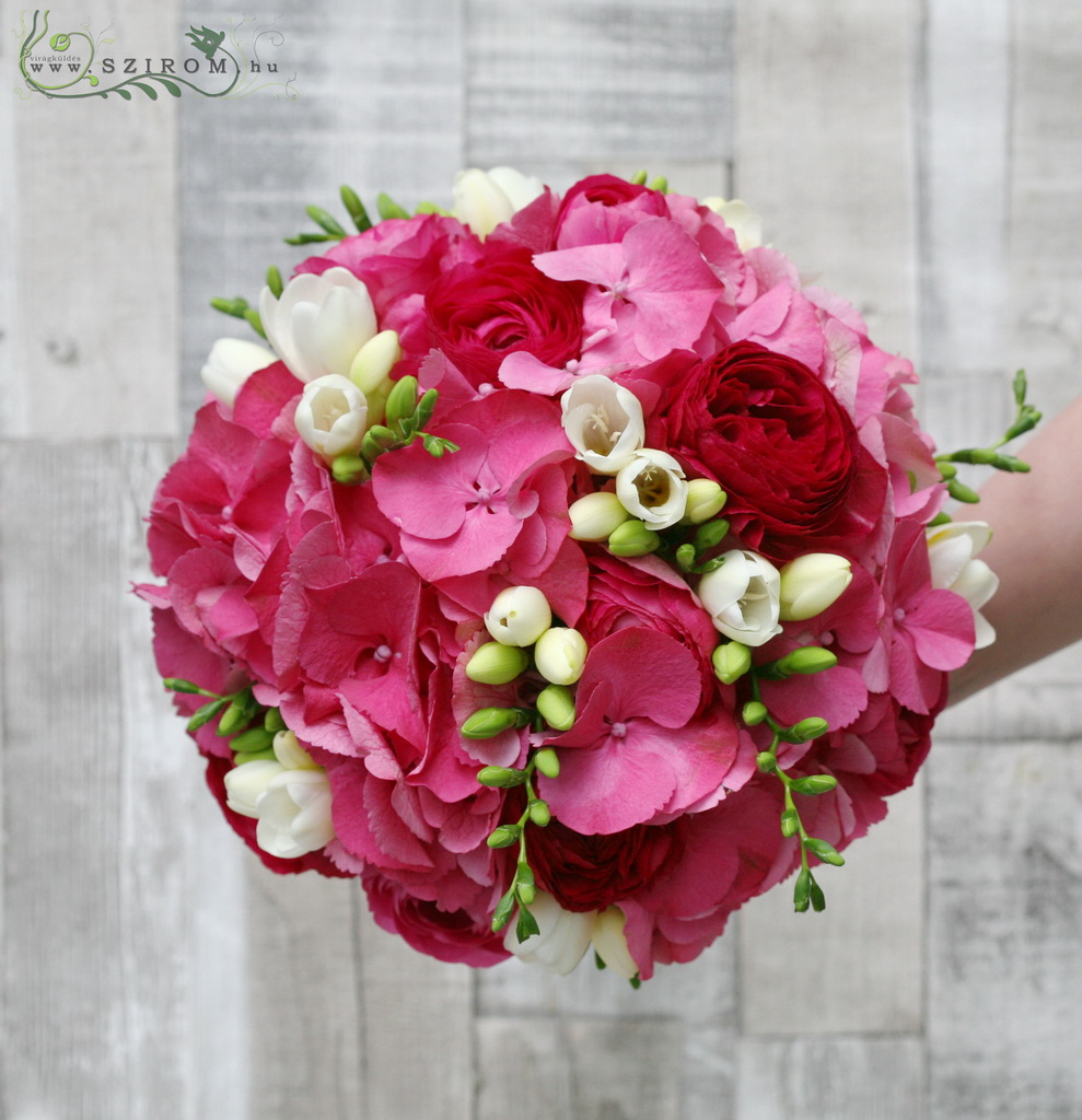 flower delivery Budapest - Bridal bouquet with hydrangea, freesia, ranunculus. (pink, white) winter, april