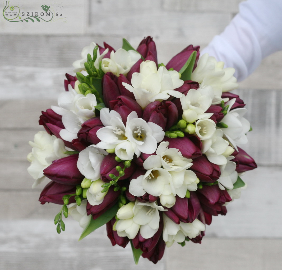 flower delivery Budapest - Bridal bouquet with tulips and freesias (white, purple) spring