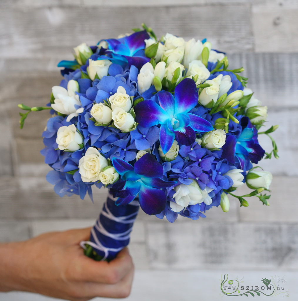 flower delivery Budapest - Bridal Bouquet with Blue Flowers (hydrangea, roses, frise, dendrobium, blue, white)