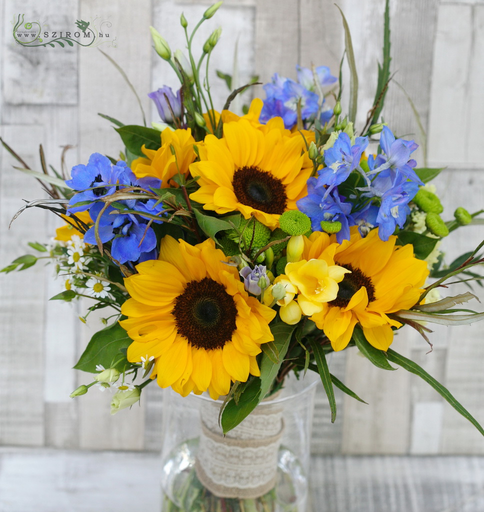 flower delivery Budapest - Bridal bouquet with sunflower (sunflower, delphinium, freesia, lisianthus, yellow, blue)