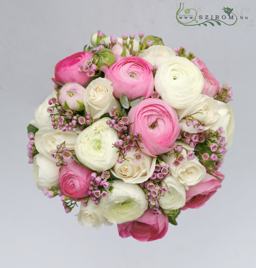 Menyasszonyi csokor boglárkával (boglárka, wax, fehér, rózsaszín)