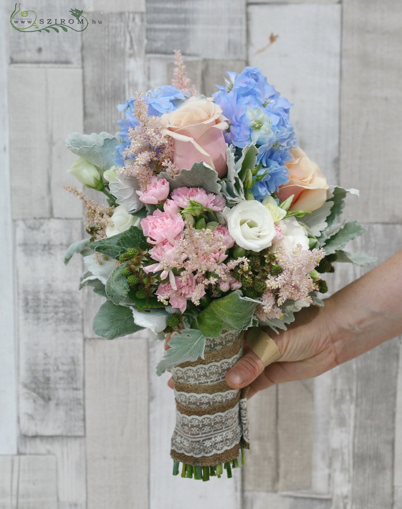 flower delivery Budapest - Bridal bouquet with astilbe and delphinium (rose, carnation, blackberry, pink, blue)