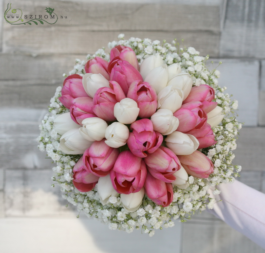 flower delivery Budapest - Bridal bouquet with tulips and gypsophila (pink, white) winter, spring