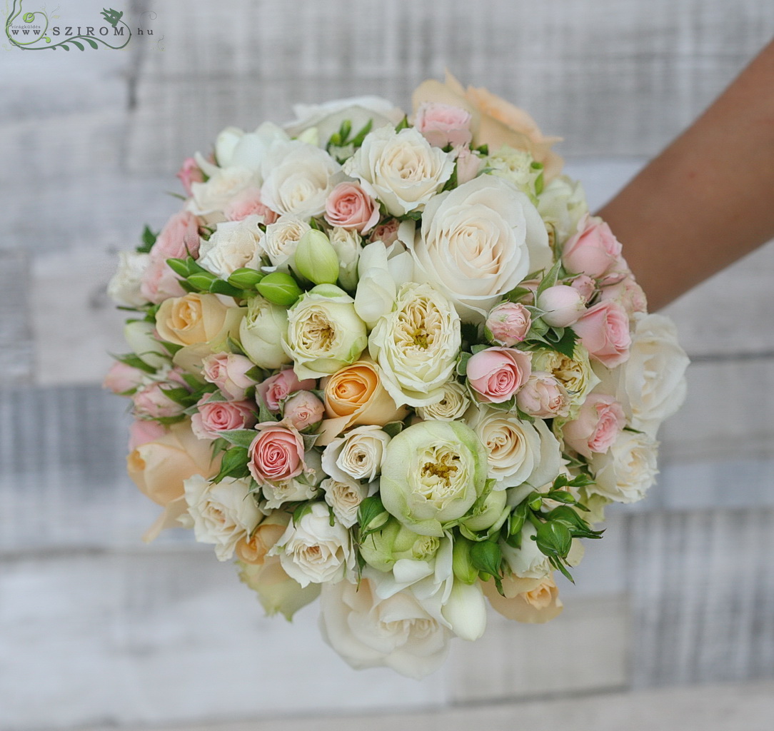 flower delivery Budapest - Bridal bouquet with mini roses, roses, freesias, english roses (white, pink, peach)