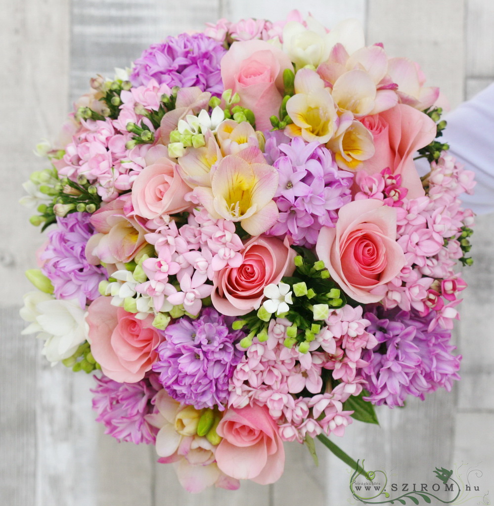 flower delivery Budapest - Bridal bouquet with hyacinths, bouvardias, freesias, roses (pink)