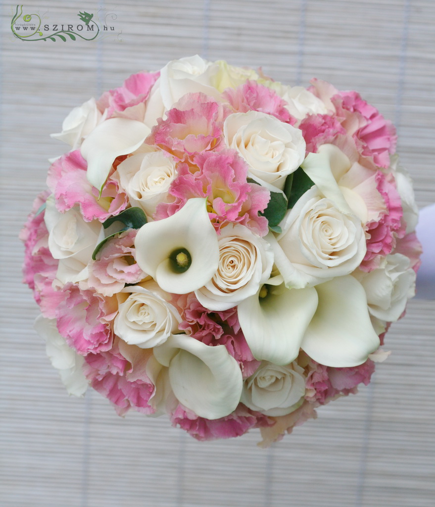 flower delivery Budapest - Bridal bouquet of callas, lisianthusses, roses (white, pink)