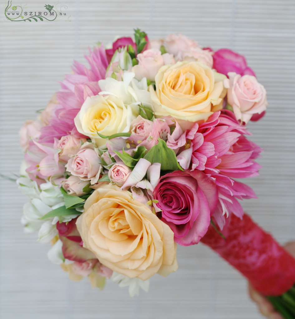 flower delivery Budapest - Bridal bouquet with dalias and roses. (pink, peach) summer