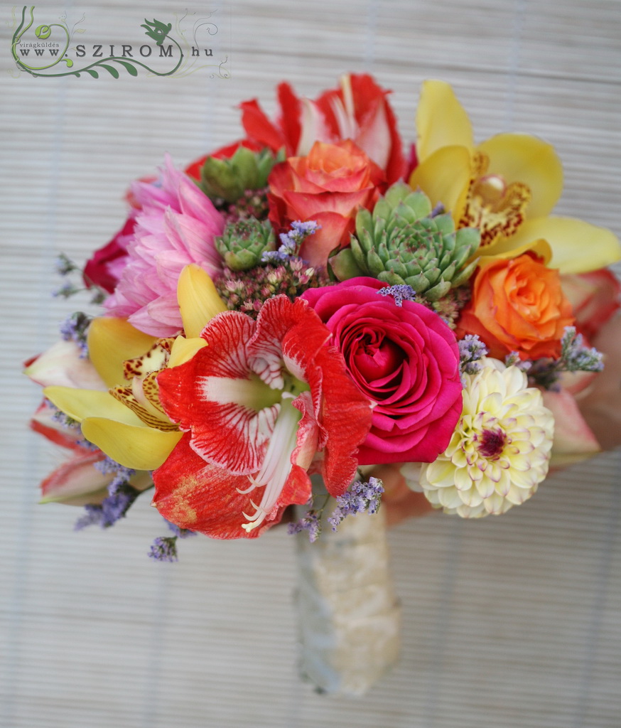 flower delivery Budapest - Bridal bouquet with colorful, tropical style (amarillis rose, cedar, dali, cymbidium, limonium, sedum, yellow, pink, orange, red)