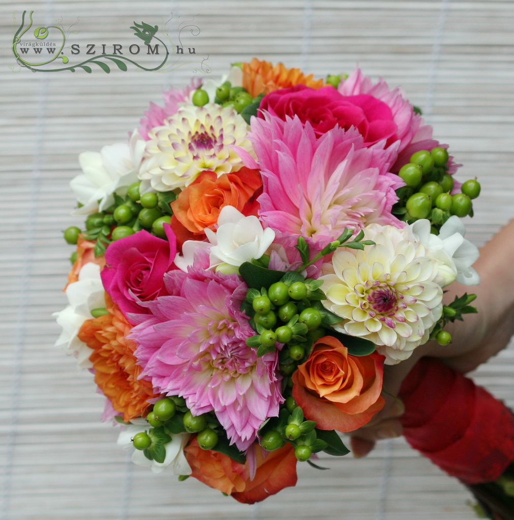 flower delivery Budapest - Bridal Bouquet with Colored Dali (Hiperikum, Rose, Dali, Frise, Green, Orange, Pink) summer, autumn