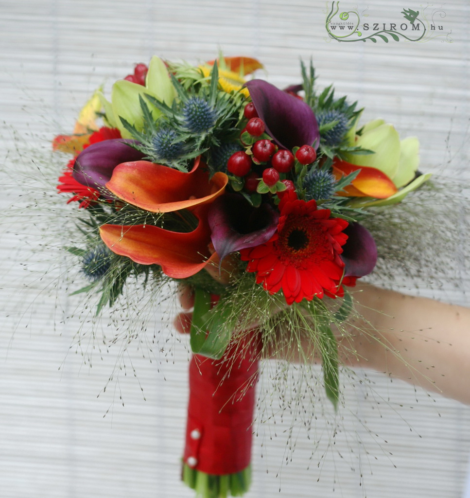 flower delivery Budapest - Bridal bouquet with callas, orchids, eryngium (colorful)