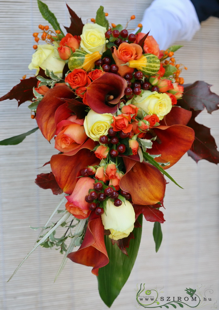 flower delivery Budapest - Bridal bouquet autumn  (hypericum, rose, calla, orange)