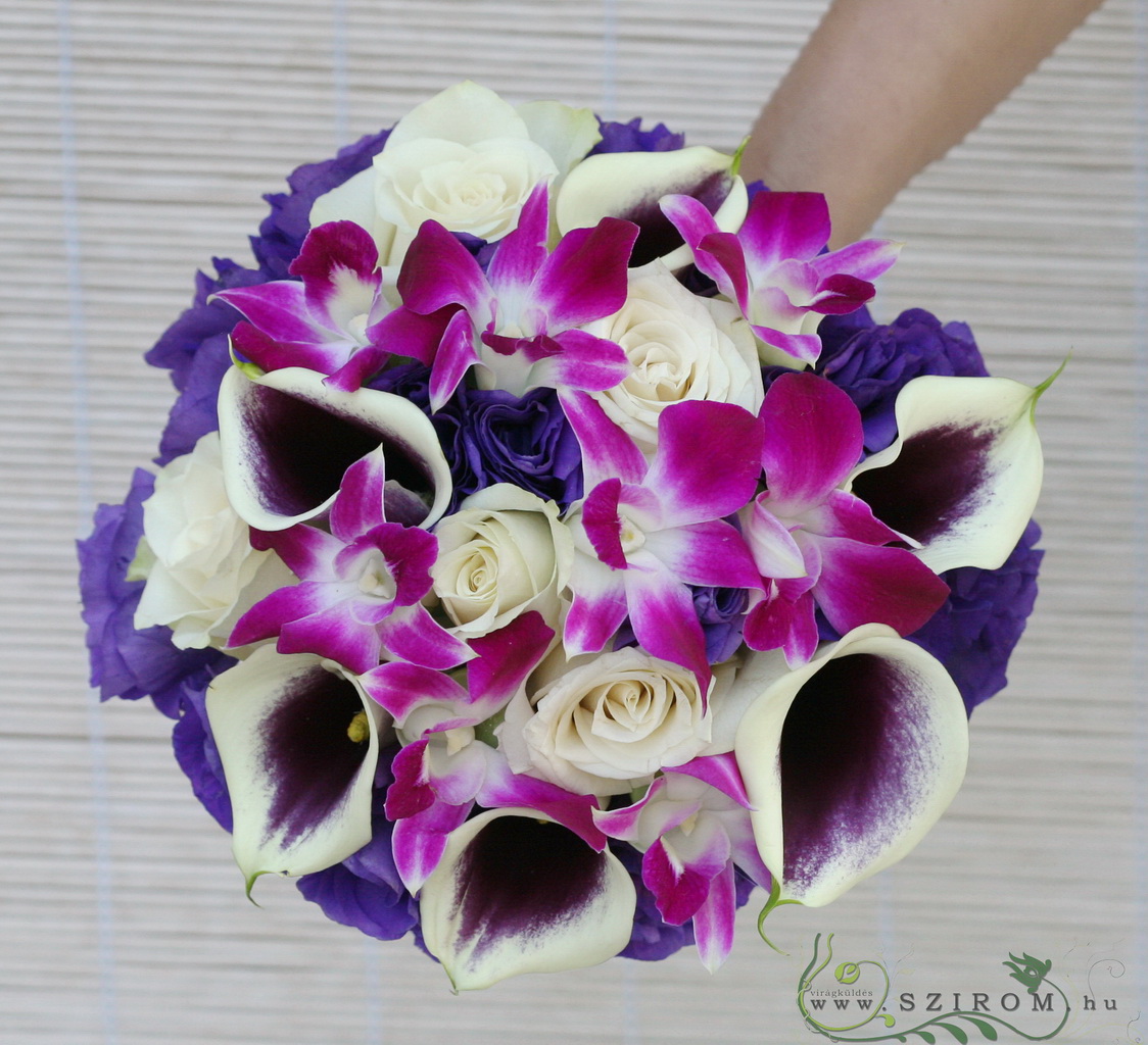 flower delivery Budapest - Bridal bouquet with dendrobium, calla, rose, lisianthus (pink, purple,white)