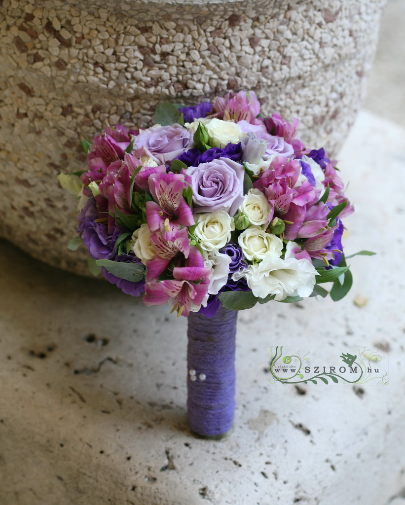 flower delivery Budapest - Bridal bouquet purple, pink, cream (rose, bushy rose, liziantus, alstromyme)