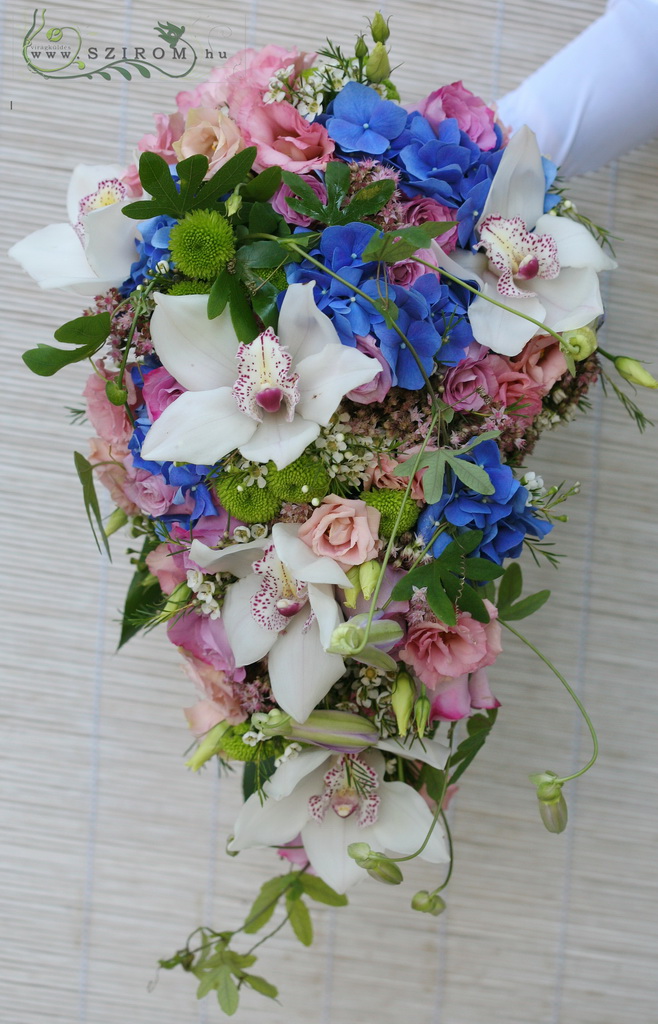 flower delivery Budapest - Bridal bouquet with golgotha (liziantus, hydrangea, cymbidium, wax, suede, santini, white, blue, pink, green)