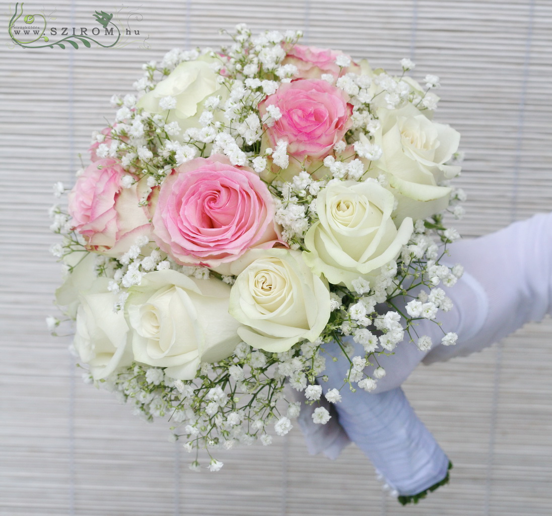 Menyasszonyi csokor rózsából, rezgővel (fehér, rózsaszín)