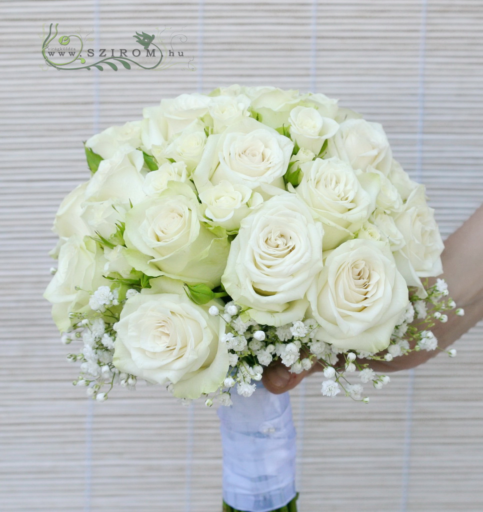 flower delivery Budapest - Bridal bouquet of roses, spray roses and baby's breath (white)