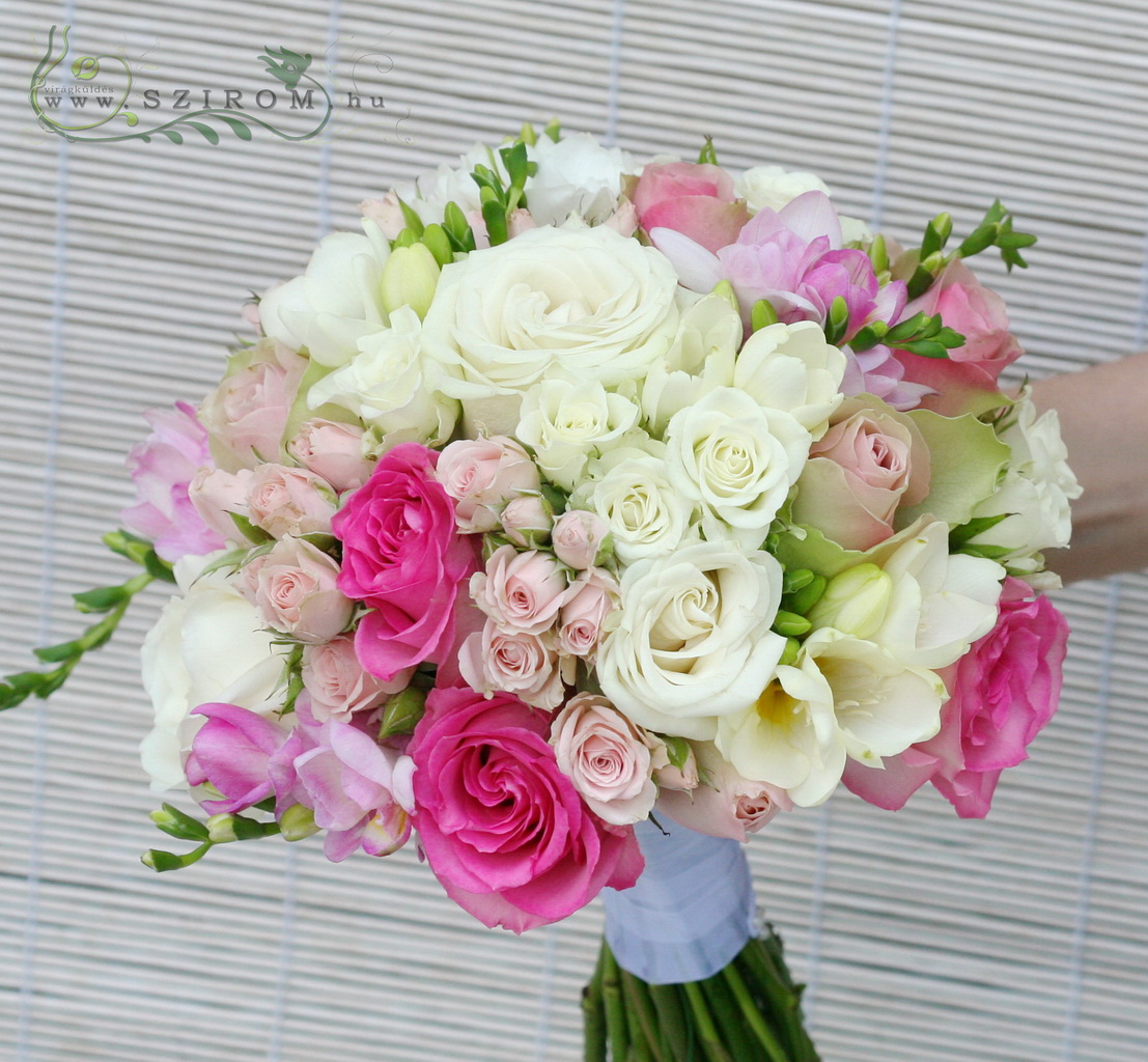 flower delivery Budapest - Bridal bouquet of roses, spray roses and freesias (white, pink)