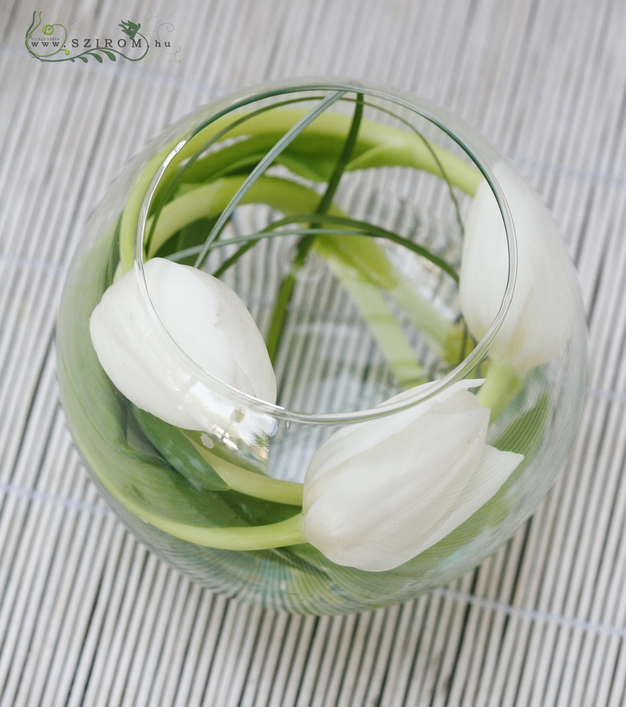 flower delivery Budapest - Glass ball with bent tulips (white), wedding