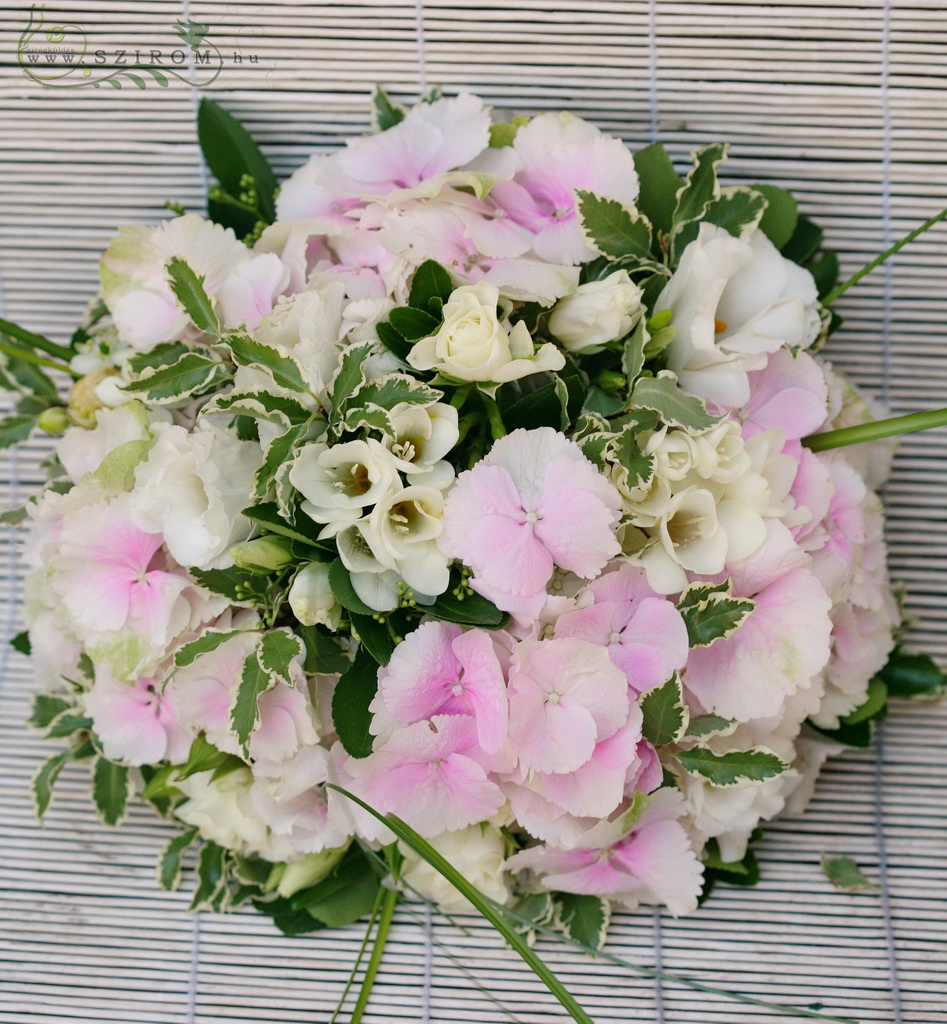 flower delivery Budapest - Centerpiece with pink hydrangeas , freesias, spray roses, wedding